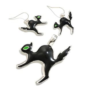 Enamel Black Cat Pendant & Dangle Earrings Jewelry Set